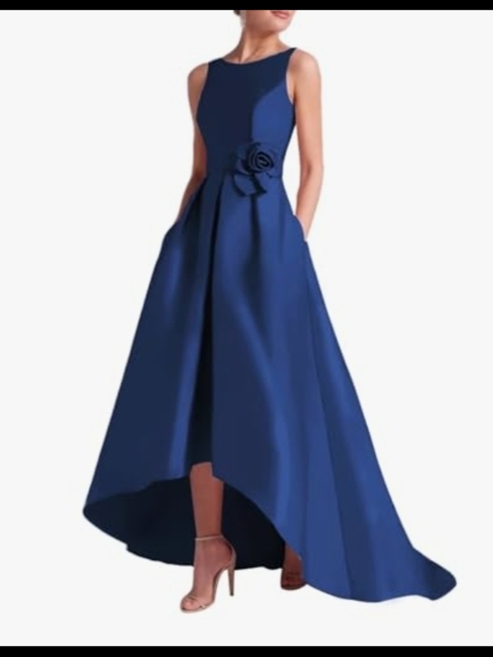 NWT MISS VEIL Navy High Low Blue Taffeta Flower Accent Gown Size M